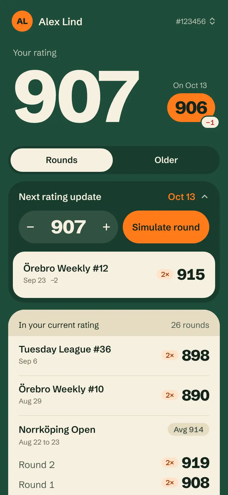 Discgolfer showing a player's rating, their next rating and their latest rounds